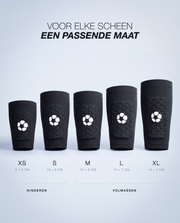 Maatoverzicht van de ingebouwde scheenbeschermers, XS en S voor kinderen, M tot XL voor volwassenen