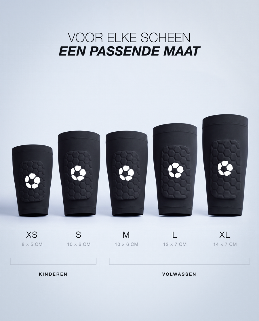 Maatoverzicht van de ingebouwde scheenbeschermers, XS en S voor kinderen, M tot XL voor volwassenen
