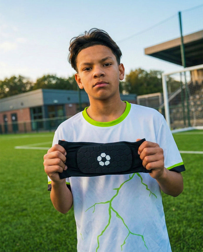 Jongen houdt een ingebouwde scheenbeschermer voor kinderen vast